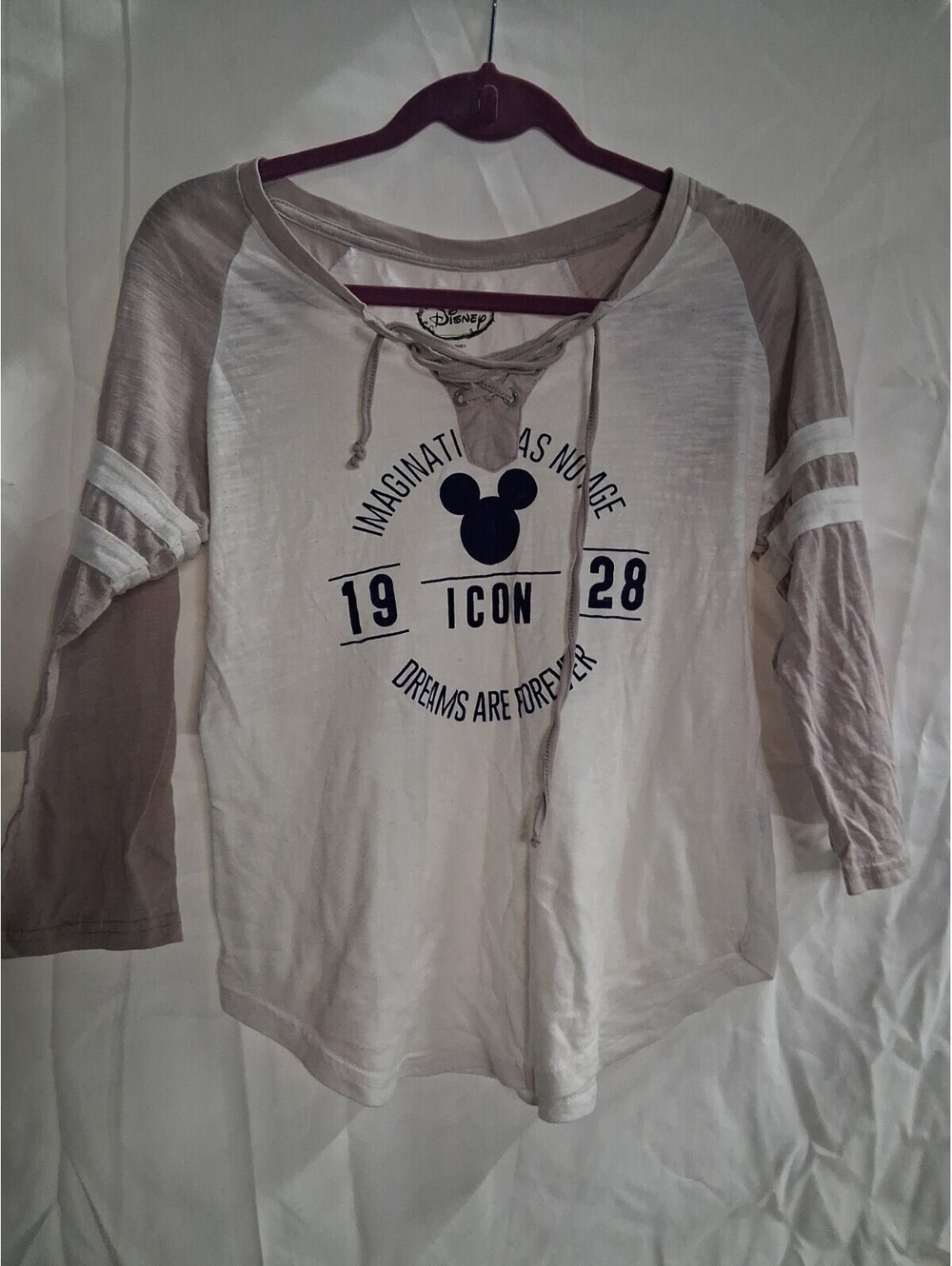 Disney Shirt Womens L Multicolor Colorblock Round Neck Lace Up Quarter Sleeve
